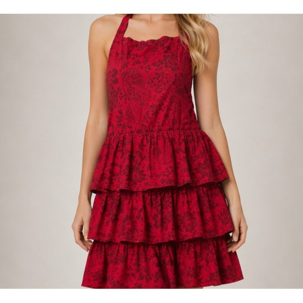April Cornell Red Floral Ruffle Apron Dress Vintage Open Back Tie Back‎  Size 6